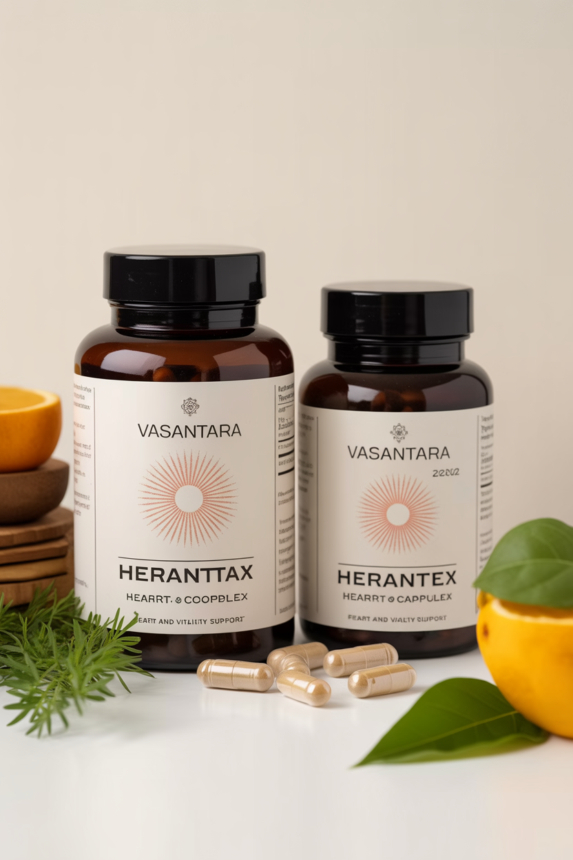 Vasantara herbal complex bottle and capsules for heart and vitality support